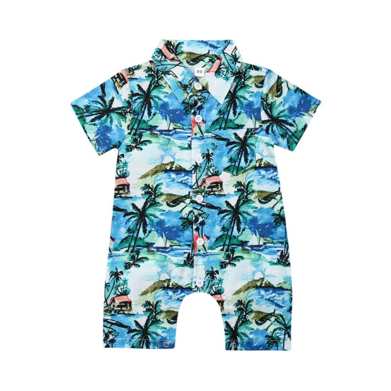 Cute Newborn Baby Boys Hawaii Romper Jumpsuit Trousers Outfits Coconut Tree Print Summer Beach Playsuit Clothes