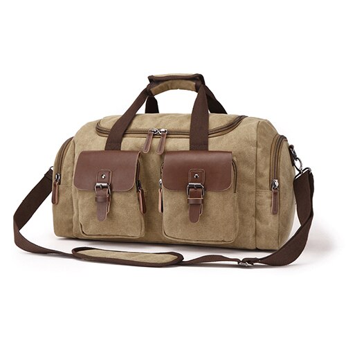 Canvas Travel Duffel Bag 35L High Capacity Weekender Bag Overnight Carry-on Luggage Short Business Trip Crossbody Shoulder Bag: Khaki