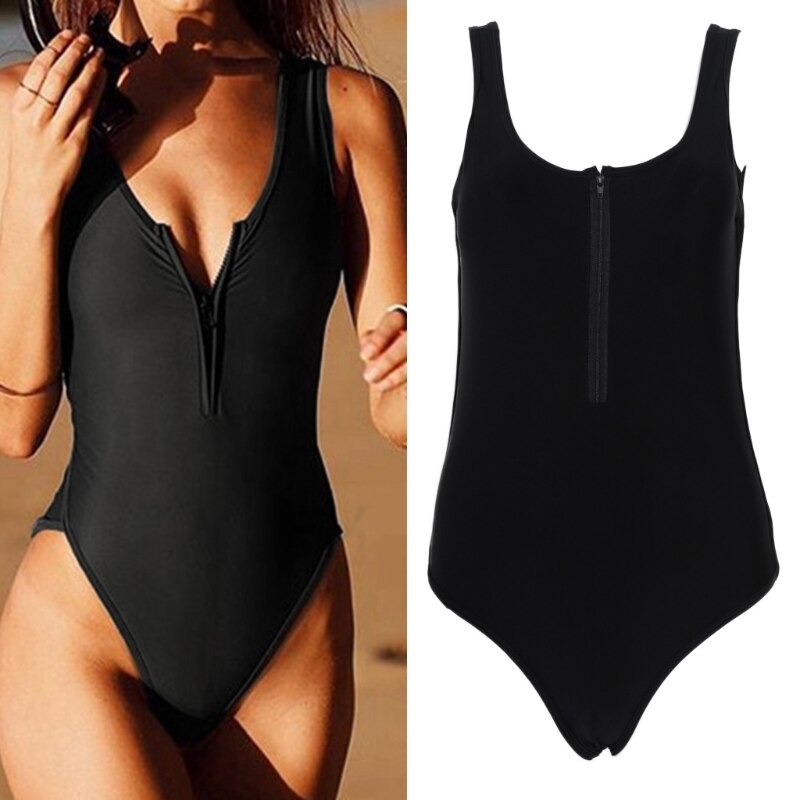 V-hals Rits Een Stuk Badpak Hoge Cut Badmode Vrouwen Bikini Low Cut Maillot Polyester Thinkthendo