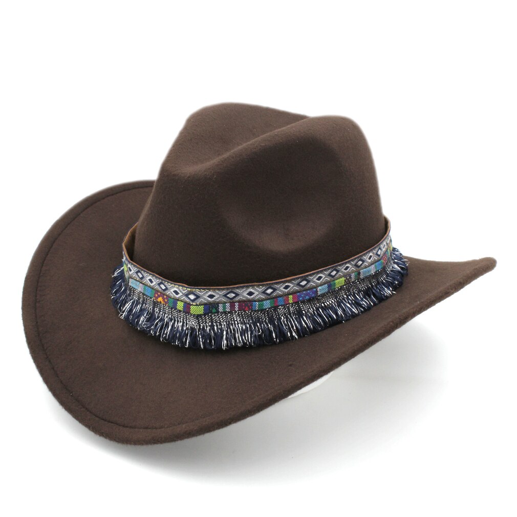 Mistdawn klassiske kvinder mænd western cowboy ridning hat ridning cowgirl cap bred brim m / bohemia kvast bånd størrelse 56-58cm: Mørkebrun