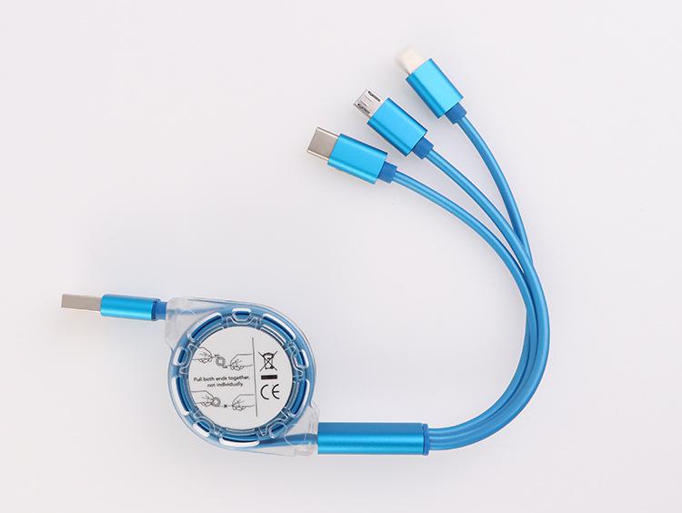 3 w 1 Multi USB chowany kabel ładowarki dla iPhone USB typ C android mikro linia: Niebieski