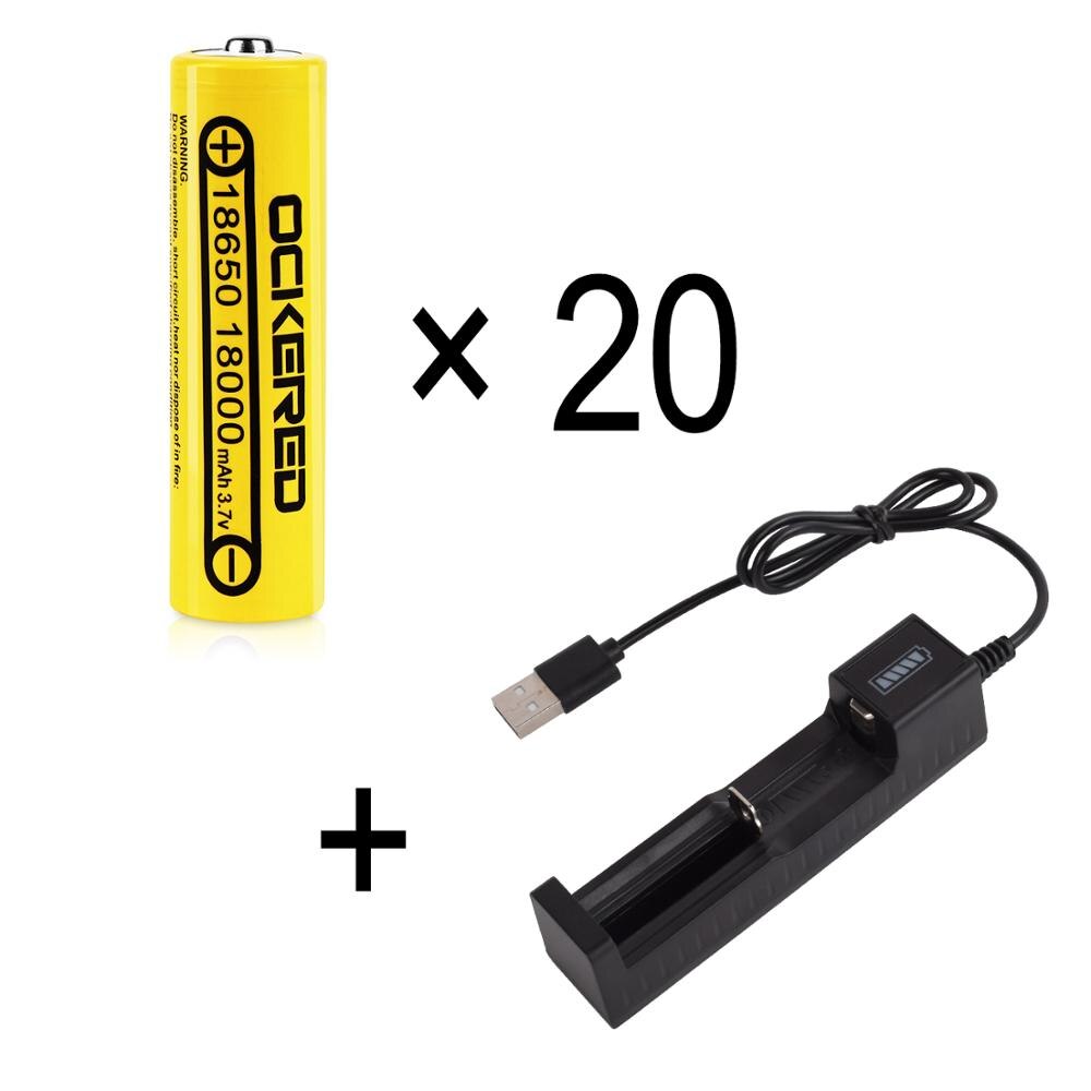 Ockered 18650 Battery 3.7V 18000mAh Lithium Rechargeable Battery For Flashlight PCB Battery with Free 18650 USB Battery Charger: 20PCS with Charger