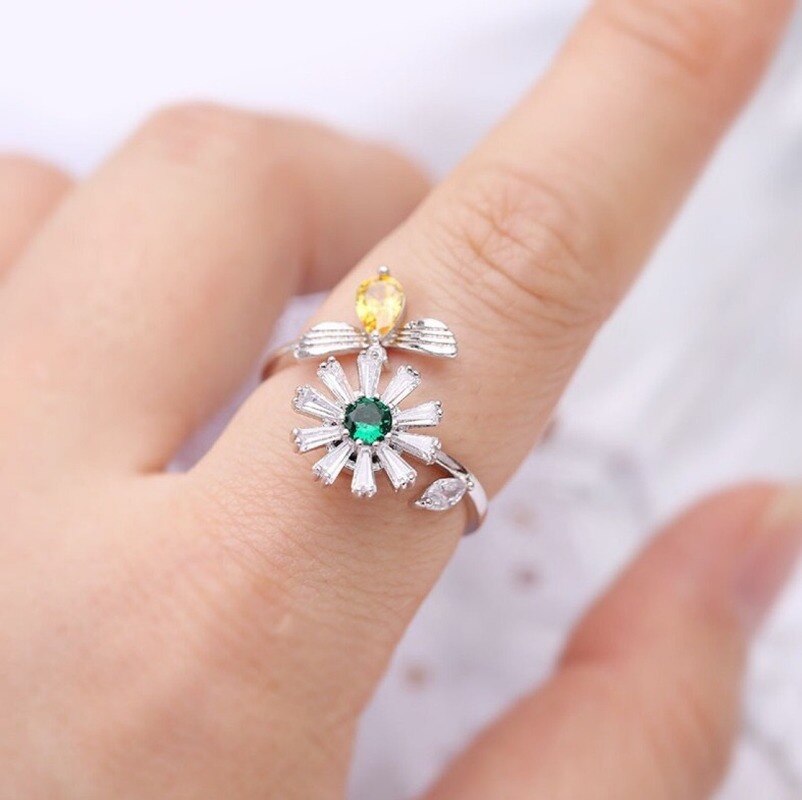 Bague Anti-Stress Tournesol Tournante En Strass - Or Blanc, Réglable, Pour Détente Et Style Quotidien