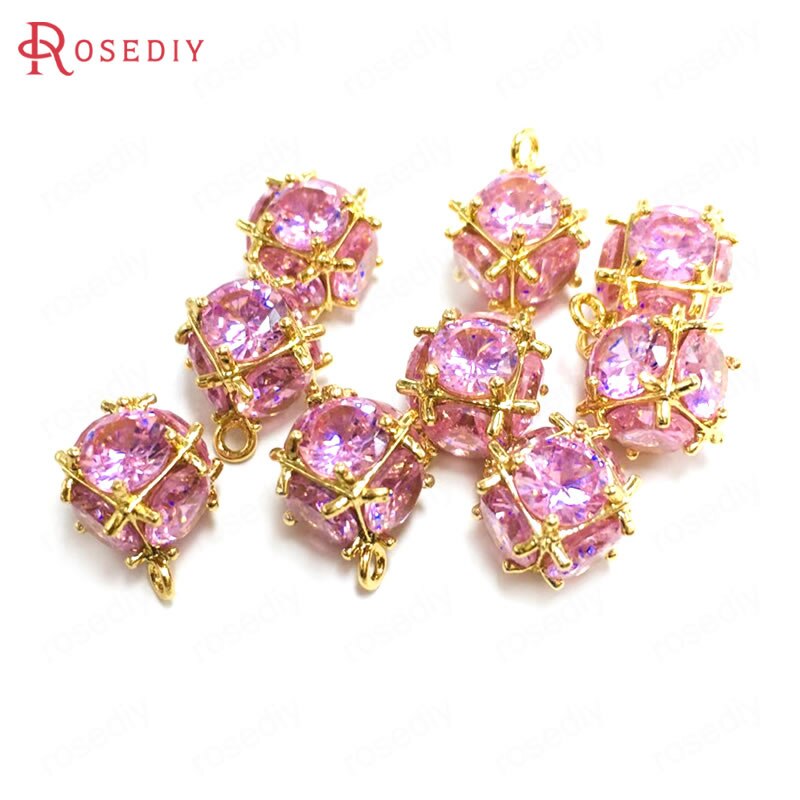 (38109)6PCS Zircon 4MM or 6MM 24K Champagne Gold Color Brass and Zircon Cube Charms Pendants Jewelry Making Supplies Accessories: Pink / Cube 6-7MM