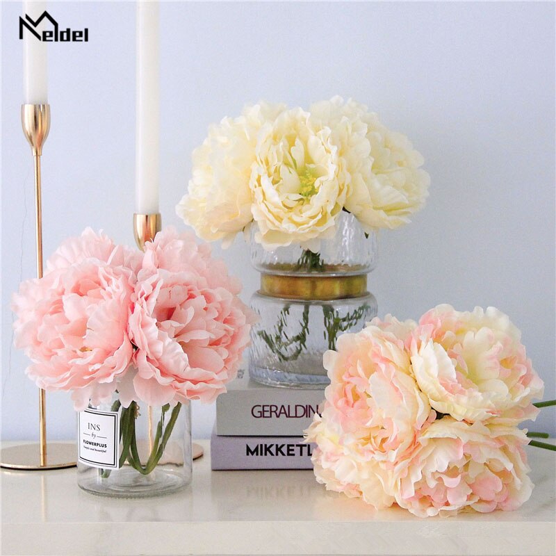 Meldel Pioen Boeket Bruidsmeisje Bruiloft Bloem Boeket Kunstzijde Bloemen 5 Hoofden Pioen Bloemstuk Home Decorations