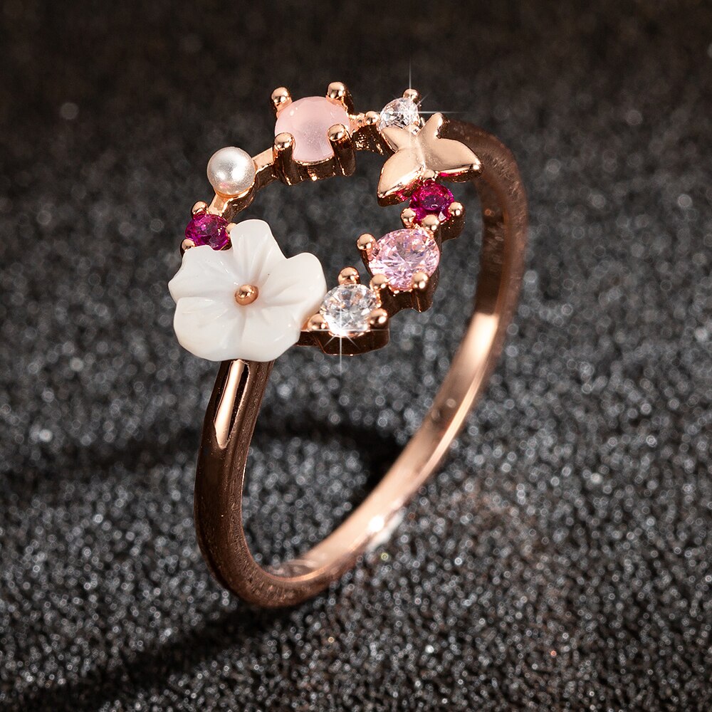 cristal cuivre fleurs papillon doigt anneaux de mariage pour les femmes or Rose Glamour Bijoux fille Bijoux
