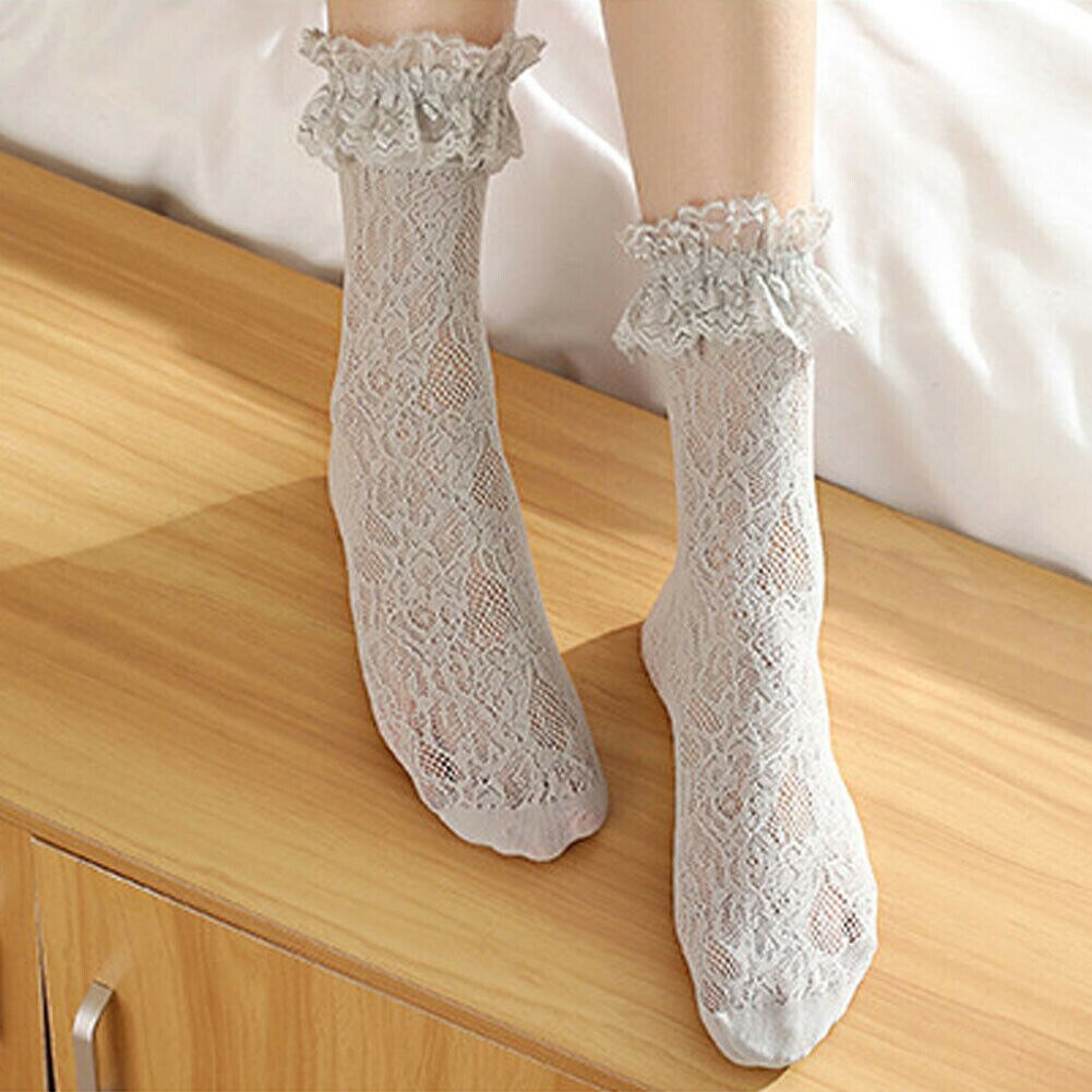 Autumn Sweet Retro Woman Girl Lolita Ruffle Casual Lace Princess Socks Meias Socks: Gray