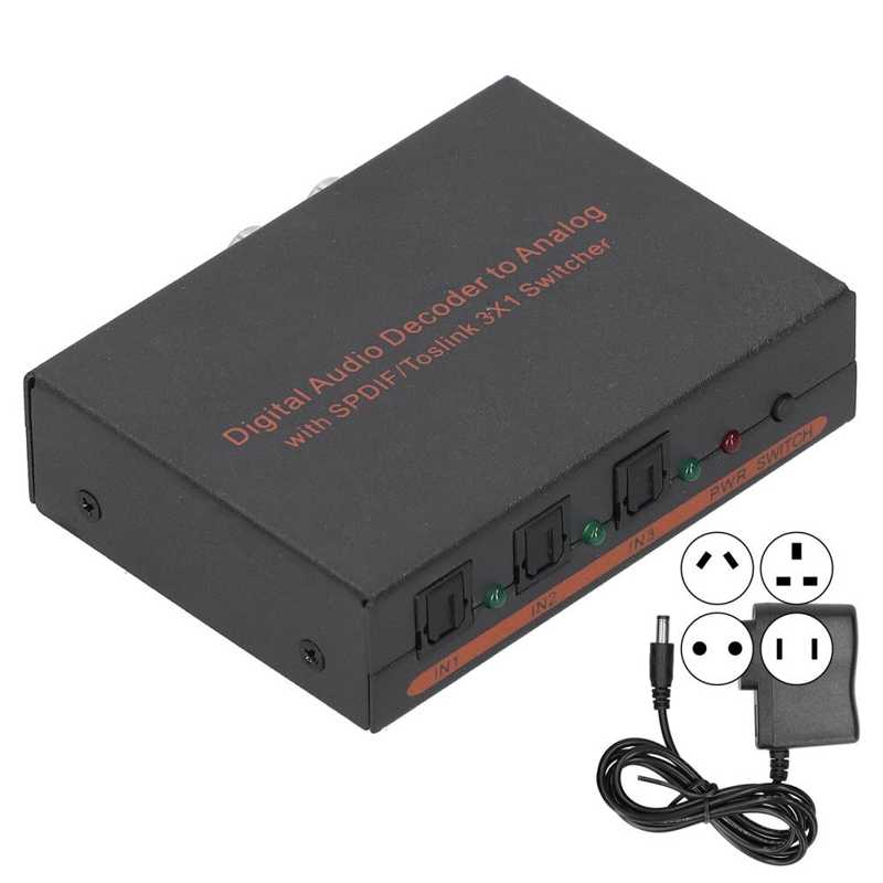 Decodificador de Audio Digital de fibra óptica para SPDIF/AV/RCA, convertidor de 100-240V, 3x1