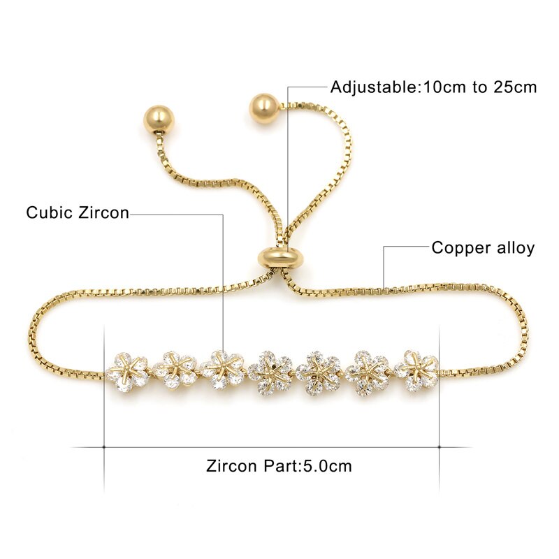 Zirconia cúbica CZ, flor de cristal de circón, pulsera deslizante ajustable para mujeres, boda, novia o dama de honor