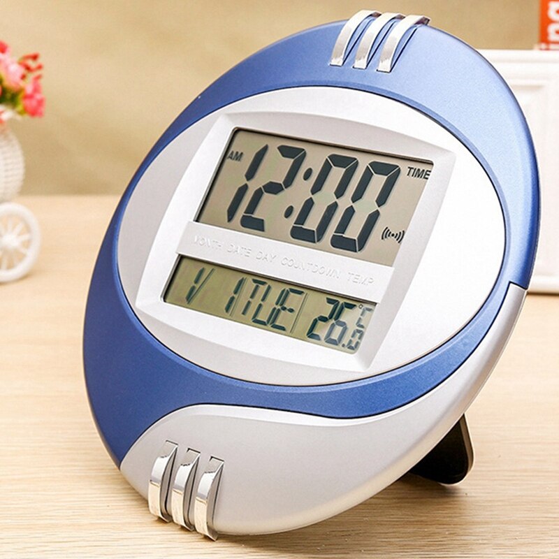 2 stk temperaturdisplay digital vegg elektronisk klokke lcd moderne kalender led brakett klokke mute - blå og svart