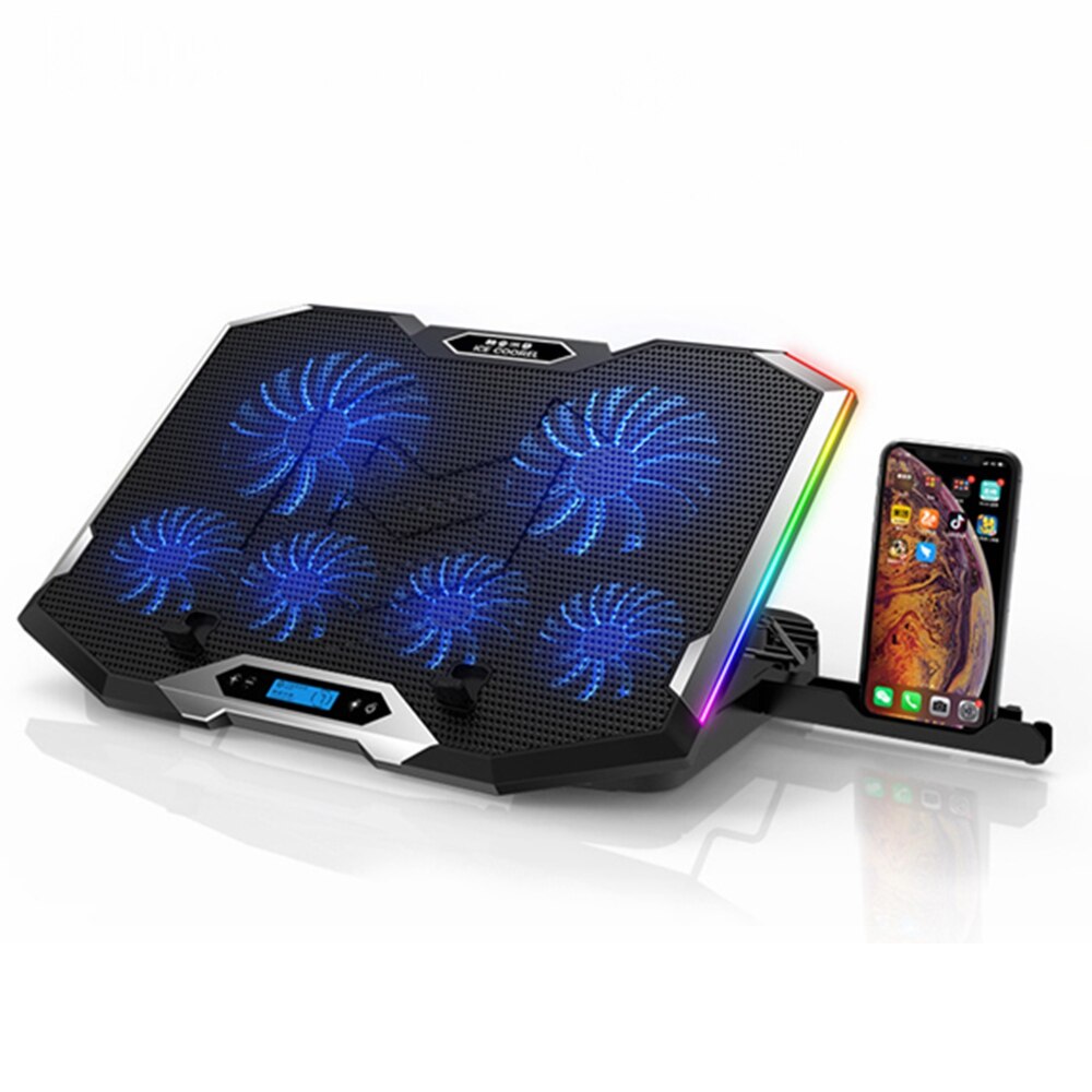 Refrigerador RGB para ordenador portátil, almohadilla de refrigeración para portátil de 12-18 pulgadas, seis ventiladores, pantalla LCD, soporte ajustable para Notebook, dos puertos USB
