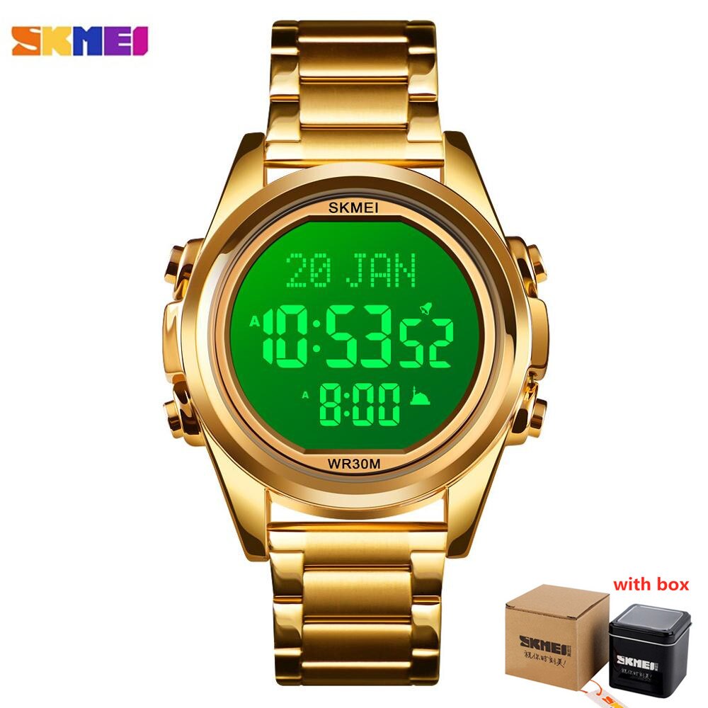 Skmei Moslim Azan Klok Horloge Voor Gebed Met Qibla Kompas Adhan Alarm Hijri Kalender Islamitische Al Harameen Fajr Tijd Horloge: gold W with box