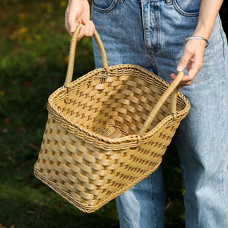 Imitated Rattan Wicker Handmade Shopping Basket, Large-Capacity Portable Flower Fruit Basket Picnic Bread Basket