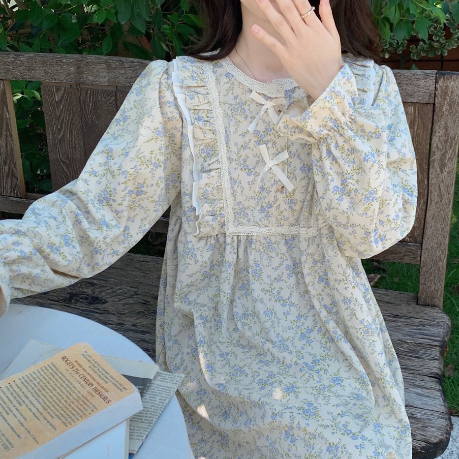 Floral Print Nightgown Sleepwear Womens Korean Style Ruffles Night Dress One Piece Pajamas Autumn Long Sleeve Bow Home Wear
