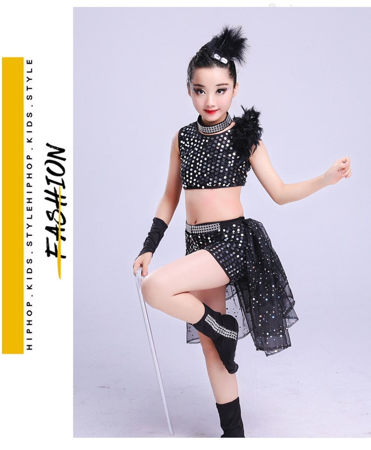 Trajes de baile de Jazz para niña, Ropa de baile para niña de Hip Hop, lentejuelas puesta en escena, trajes de Hip Hop negro