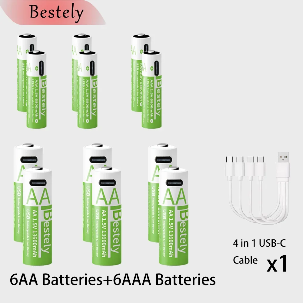 Li-ion AAA- en AA-oplaadbare batterijen USB Lithium-ion 13600mAh 1,5V AA oplaadbare batterijen + 6800mAh 1,5V AAA-batterij: GRIJS