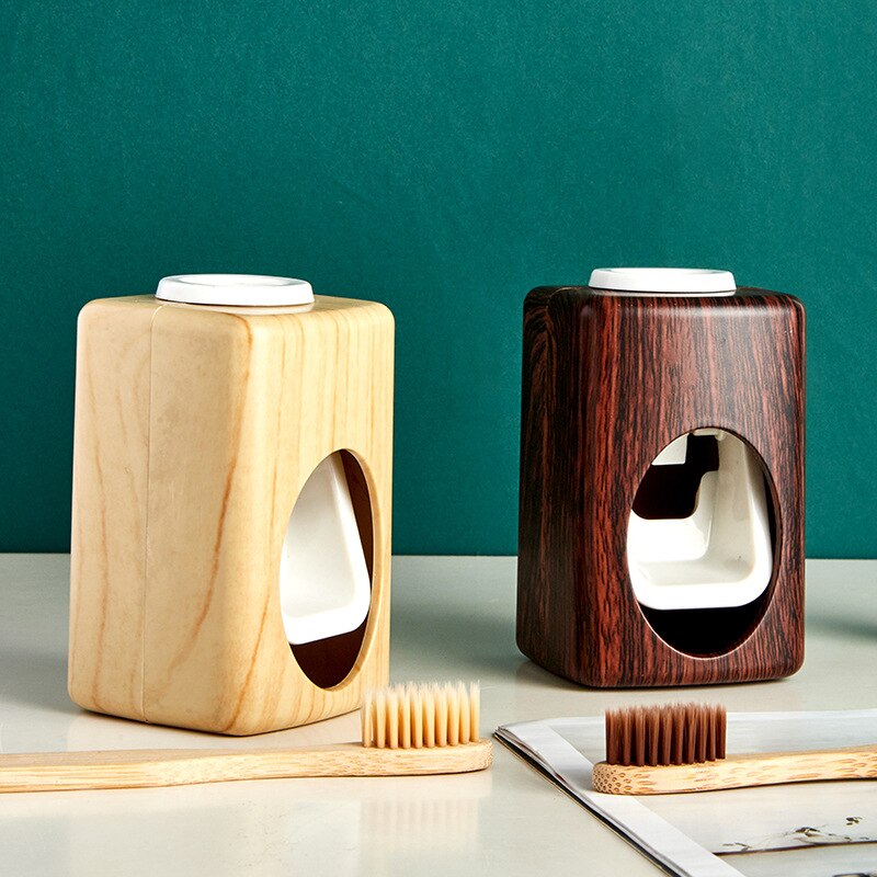 Newly Wood Grain Wall-Mounted No-Punch Automatic Toothpaste Dispenser Toothpaste Frame Automatic Toothpaste Squeezer Household