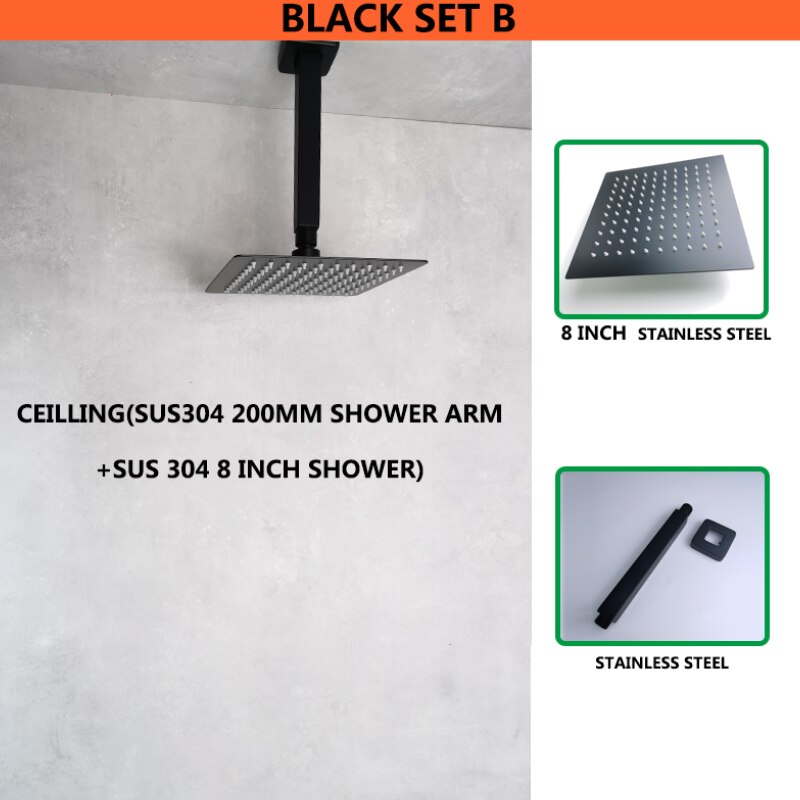 Matt Black Ultra Thin Square 8 Inch 304 Stainless Steel or ABS Top Shower Concealed In Wall Head Shower Set System: SS Ceiling Set