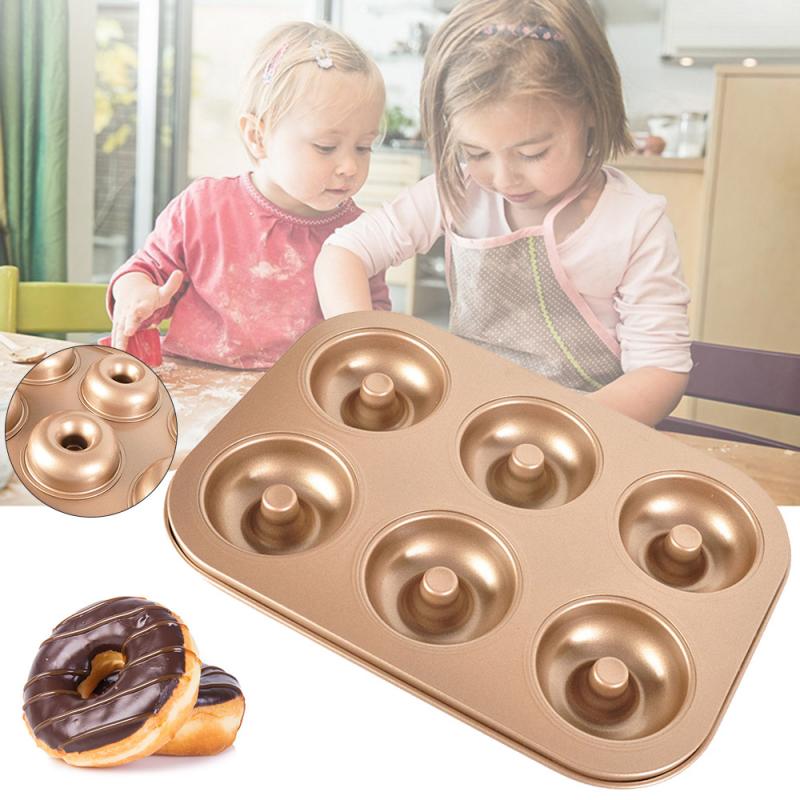 6-Cavity Nonstick Donut Pan Donut Baking Pans Carbon Steel Doughnut Baking Sheet Tray Bagels Mold Maker Cake Biscuit Tin Bakware