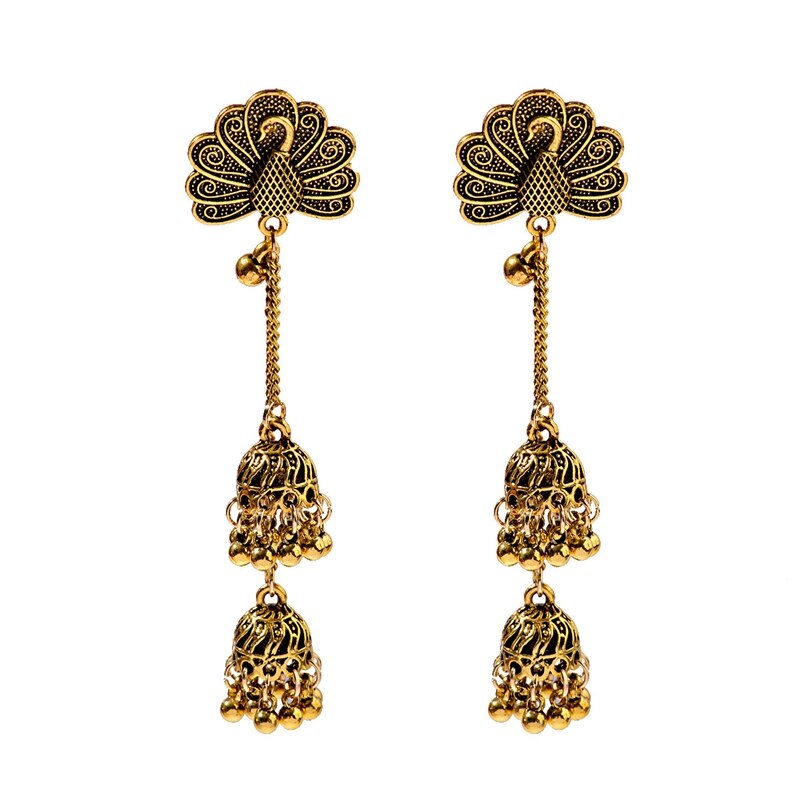 Vintage Indian Bollywood Kundan Peacock Carved Jhumka Jhumki Water Earrings Women Boho Ethnic Long Tassel Earring Jewelry: HXE211-1
