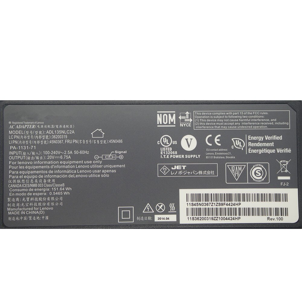 Chargeur USB 20V 6.75A 130W pour ordinateur portable Lenovo ThinkPad T440p T540p T450P 45N0367 45N0486, Original,