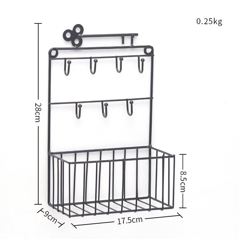 Väggmonterad nyckelhållare 7 krokar hängande ficka brev post förvaring korg arrangör hem kök entré hushållerska på vägg: Svart