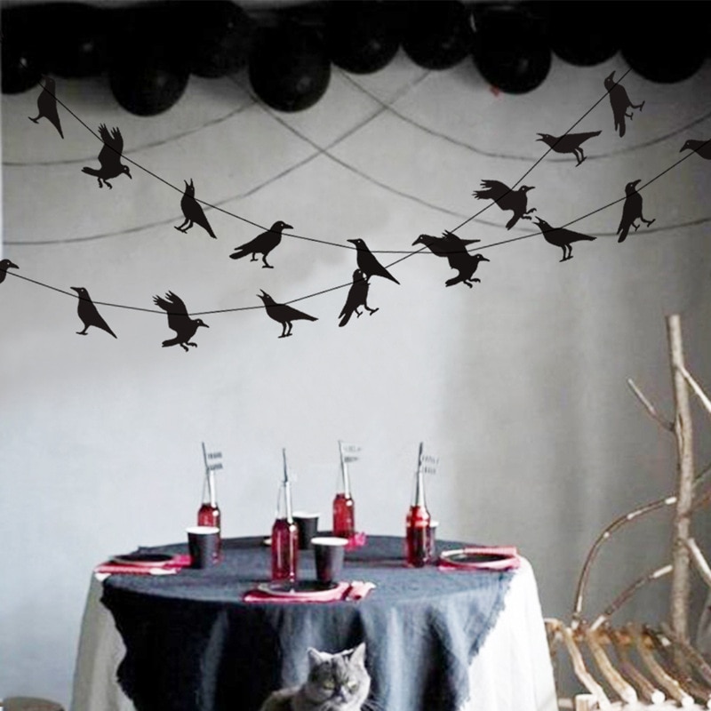 Black Bird Banner Halloween Boo Paper Garland Bunting Wall Hanging Decoration For Home Bar Haunted House Photo Prop Supplies