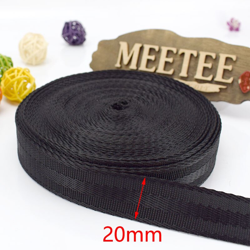 Meetee 5 meter 20-50mm polyester nylon webbing tape sikkerhedssæde bånd rygsæk kæledyr rem bælte omsnøring blonder bias bindende tape: Sort -20mm