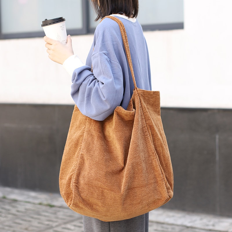 Kvinder vintage corduroy skuldertaske stor kapacitet kvindelig stor tote håndtaske folde genanvendelige indkøbsposer stofposer