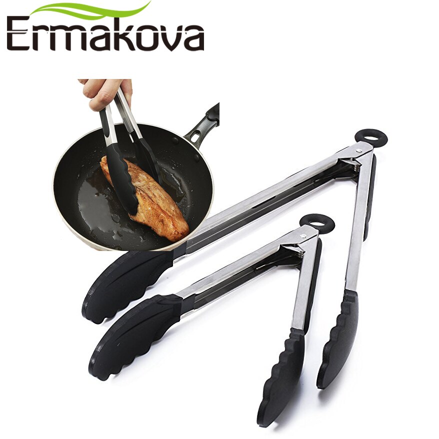 Ermakova 2 Stks/set 9-Inch &amp; 12-Inch Zwart Keuken Siliconen Tong Non-stick Rvs Salade &amp; Grill Salade Serveren Brood Bbq Tong