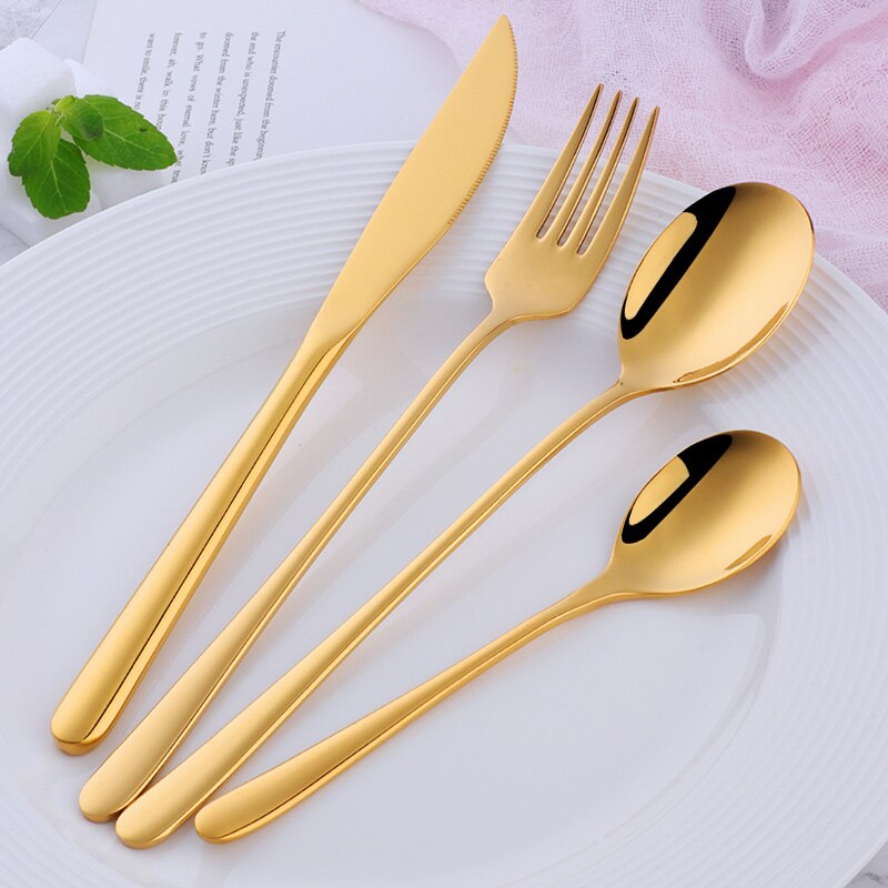 Juego de cubiertos dorados de acero inoxidable, juego de cena portátil, tenedor, cuchillos, cucharas, vajilla occidental, vajilla negra para en casa, 4 Uds.: Gold