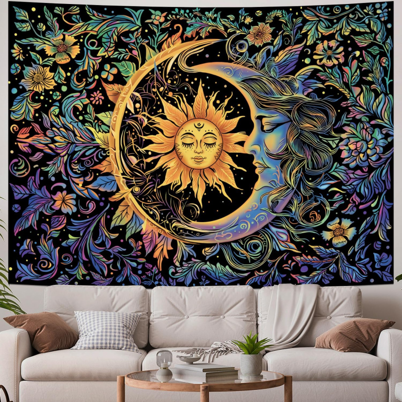 VIKAMA Sun And Moon Tapestry, Psychedelic And Mysterious Flower Tapestry, Hippie Bohemian Flower Plant Wall Tapestry