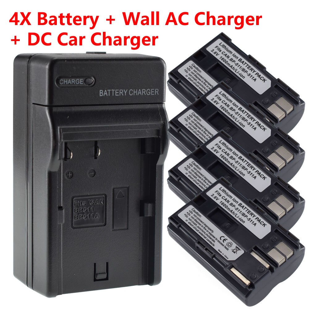 4X BP-511 Battery + Charger for Canon EOS ZR45MC ZR50MC 30D 40D 50D 300D Digital Rebel D30 D60 DS6041 MV730i MV750i: Default Title