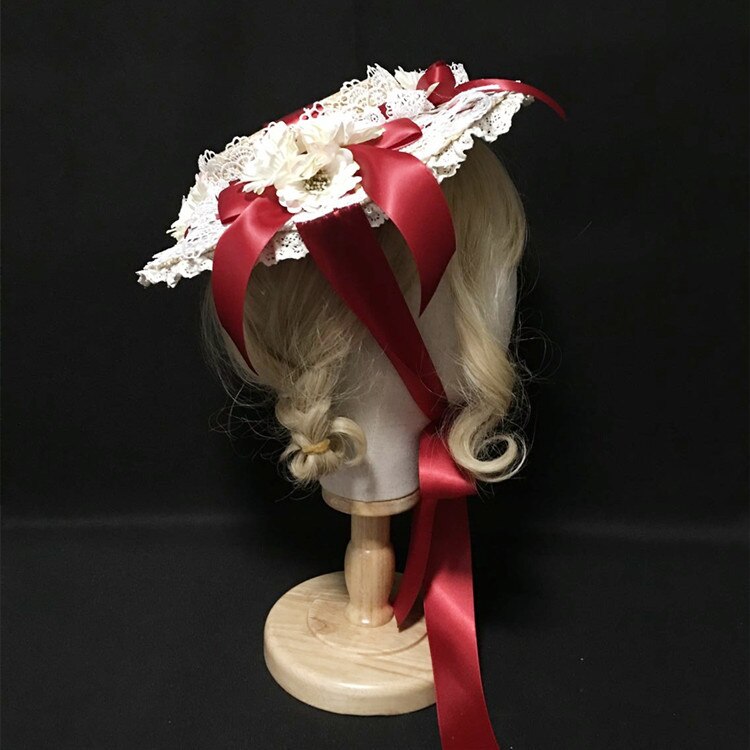 Cappello da donna fatto a mano in stile giapponese Lolita Mini cappello da sole in paglia copricapo nastro in pizzo fiore Cosplay Costume piatto cappello Fedora copricapo: Rosso