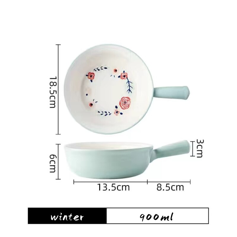 Ceramic Glaze Baking Bowl with Handle Salad Bowls Barbecue Cheese Baked Rice Baking Pan Round 4 Seasons Bakeware Home Decoration: winter