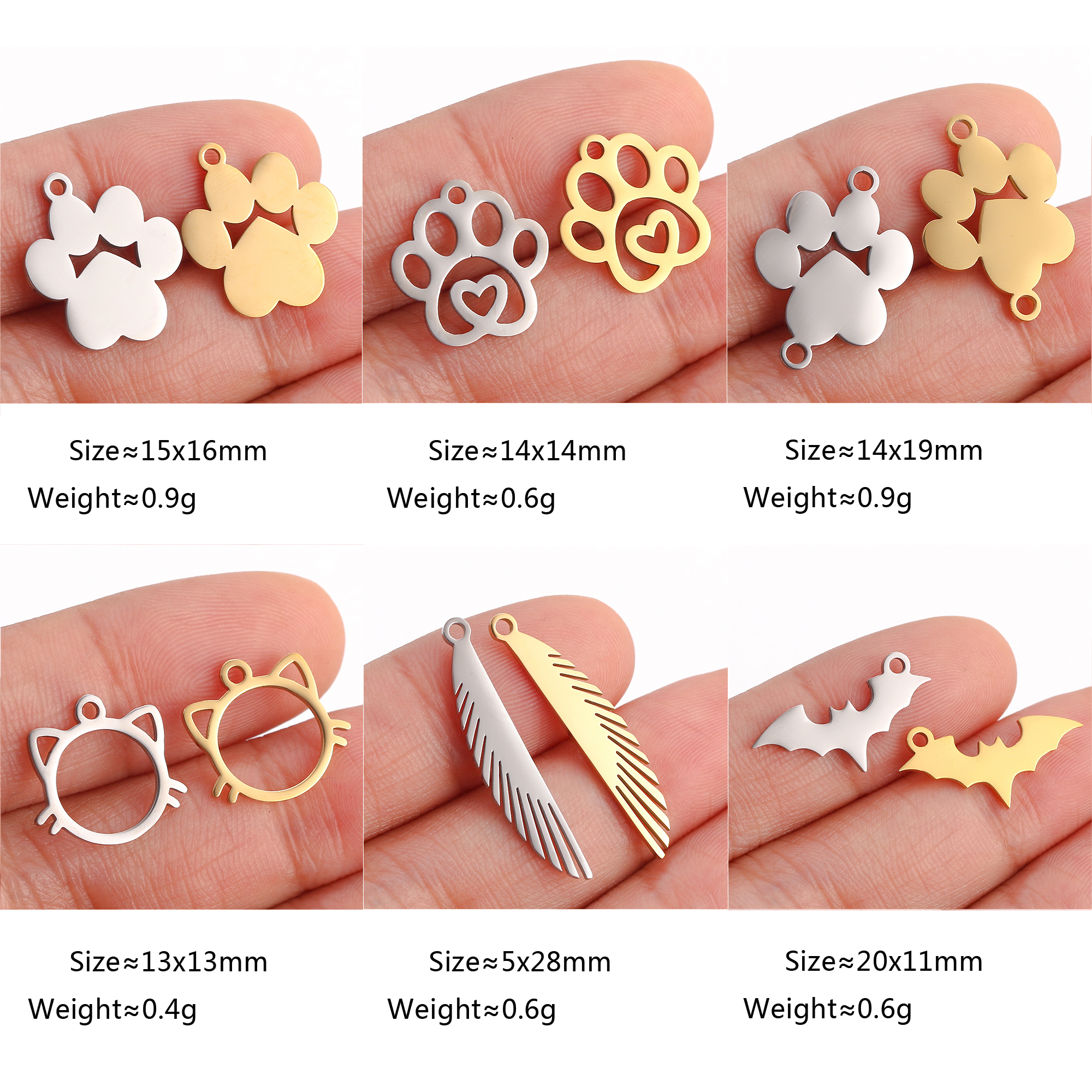 5 unids/lote de dijes con temática de animales, pata de gato/corazón de amor, garra de perro/herradura, colgantes de acero inoxidable, manualidades DIY, suministros para hacer joyas