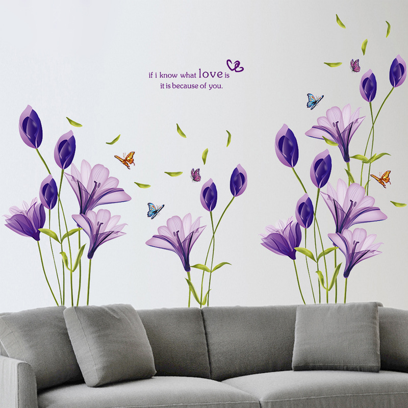 Liefde paars lelie bloem verwijderbare vinyl decal muursticker mural diy art woonkamer decoratieve interieur behang 60*90 cm