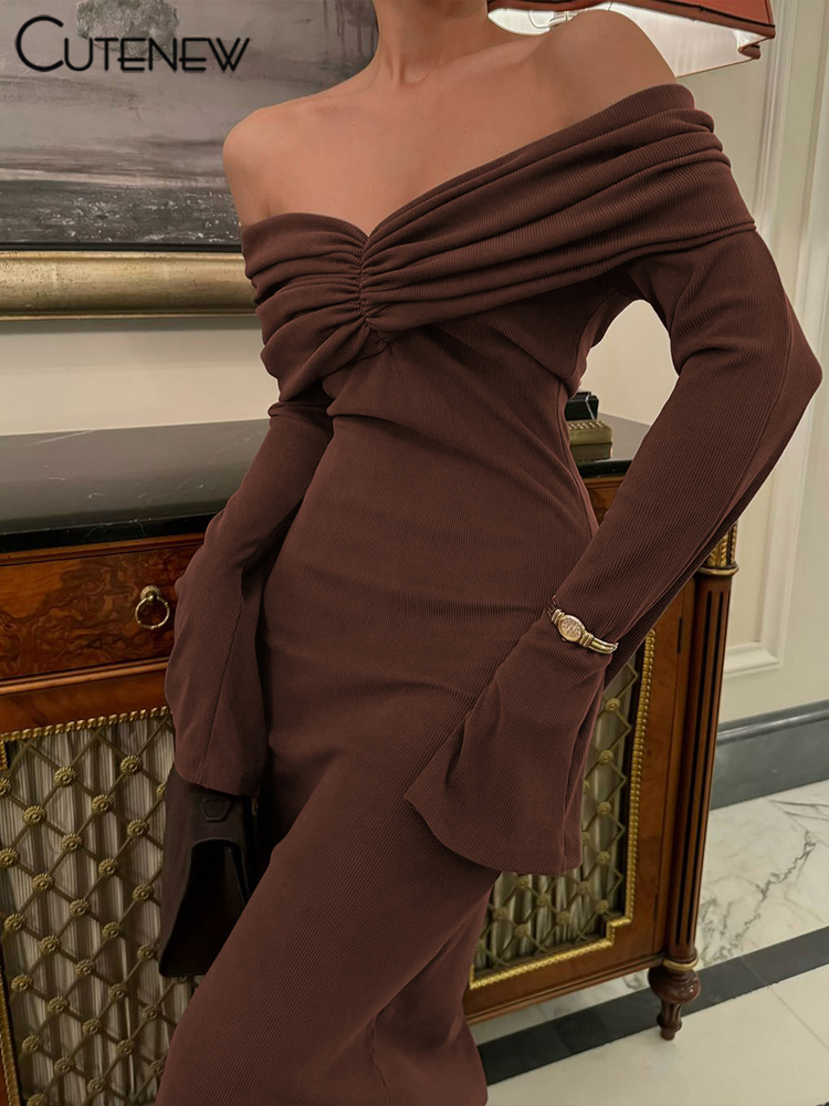 Sød ny stablet damekjole klassisk ensfarvet fuldærmet skrå halsudskæring maxi bodycon dame high street basiskjoler