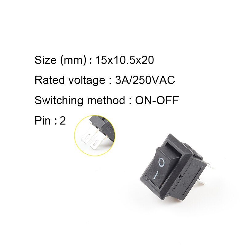 10 Stks/partij 2 Pin 10*15Mm Spst On/Off Mini Boat Rocker Switch 3A 250V Ac KCD11 Snap-In Rocker Schakelaars Zwart Rood Wit Grijs: 2Pin Black Black