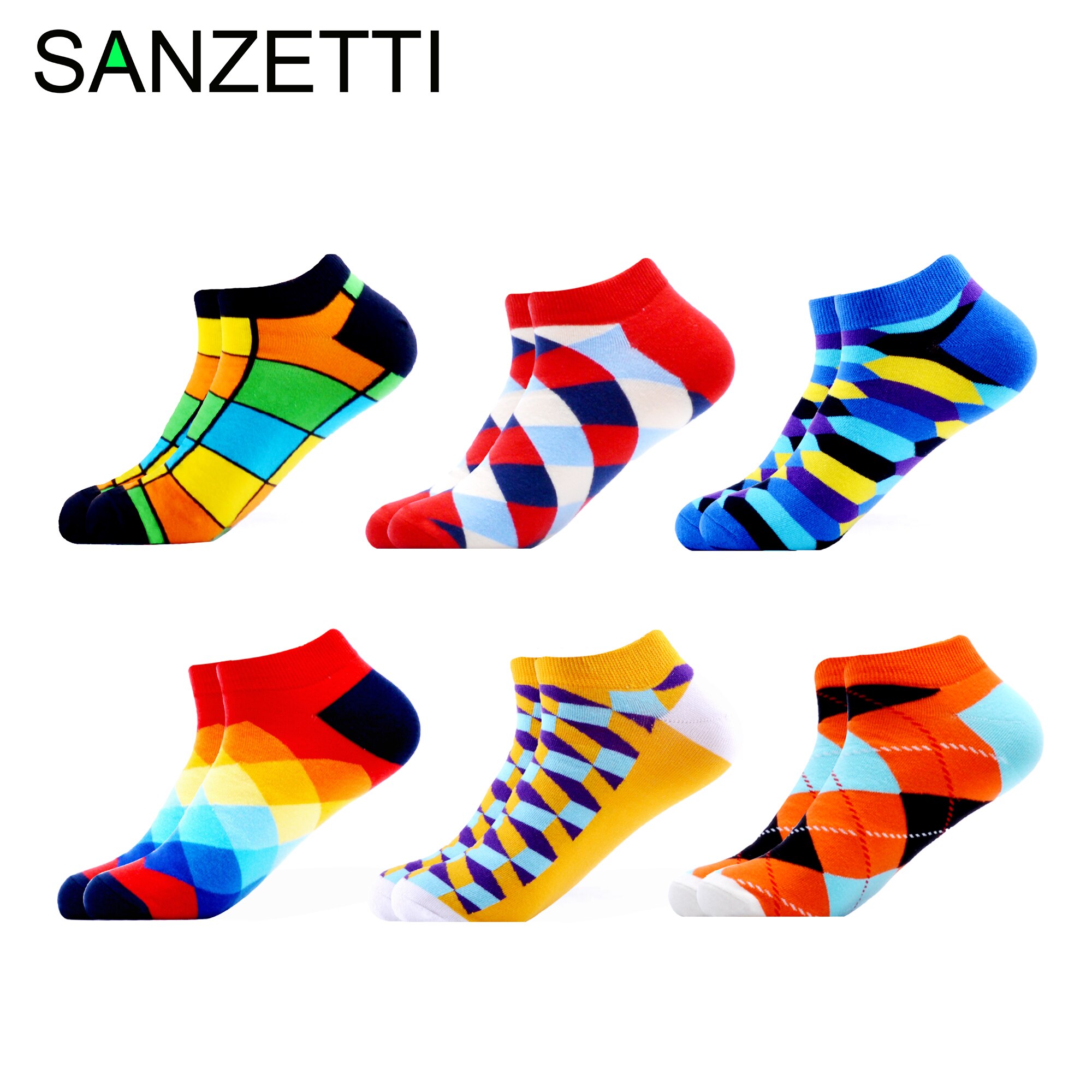 Sanzetti heren 6 paar/lot kleurrijke zomer gekamde katoenen enkelsokken gestreepte geruite ademende harajuku sokken vrolijke sokken voor