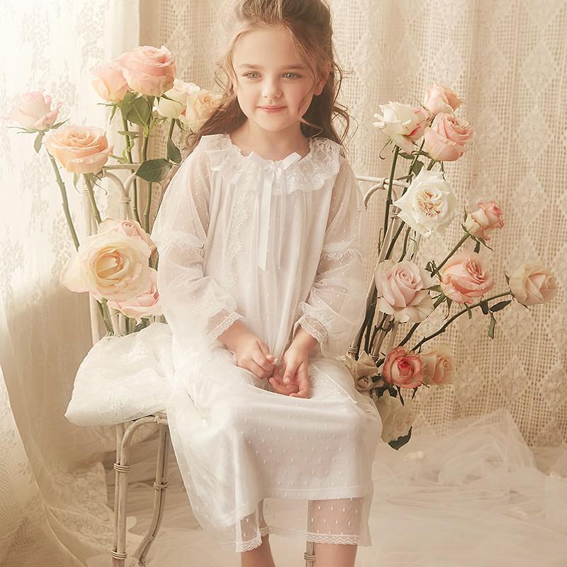Sweet Princess Nightgown For Girls Long Sleeve Mesh Ruffles Mid Length Bathrobe 2-12y Kid Child Lovely Nightdress Sleeping Dress: Beige / 12