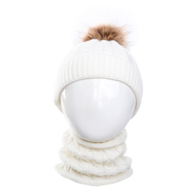 2 stk sød kid pige dreng baby spædbarn vinter varm hæklet strik hat beanie cap + tørklæde solidt sæt: Hvid