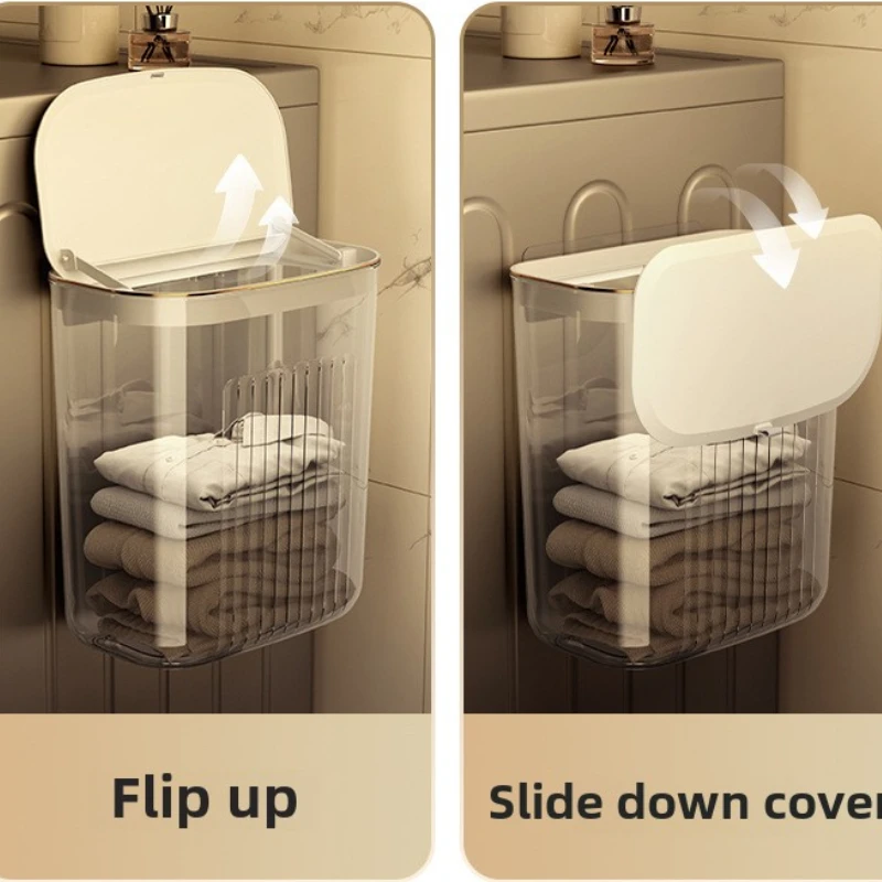 Cesta transparente montada en la pared impermeable con tapa que cambia ropa limpia toalla organizador de lavandería, caja de almacenamiento de cocina lujosa