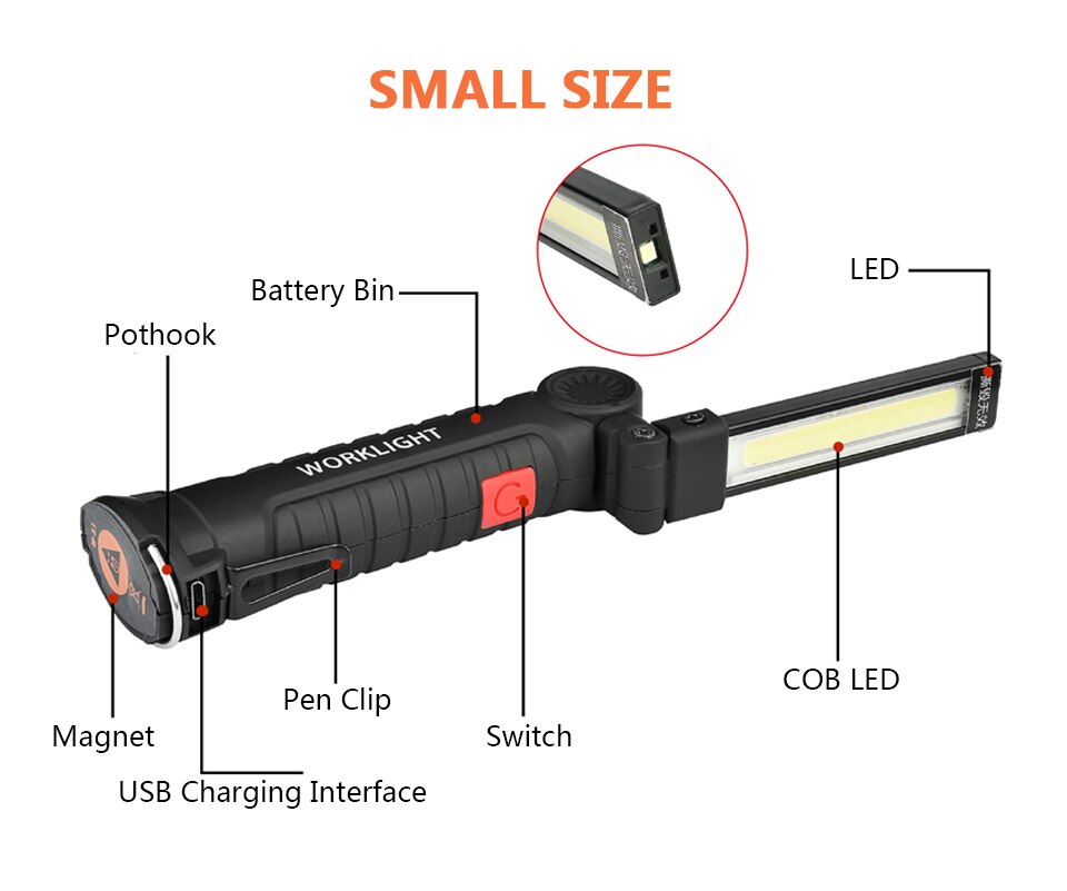 Led arbejdslys usb genopladelig cob led lommelygte magnetisk 5 modes ultra lys lommelygte vandtæt til bilreparation med magnet