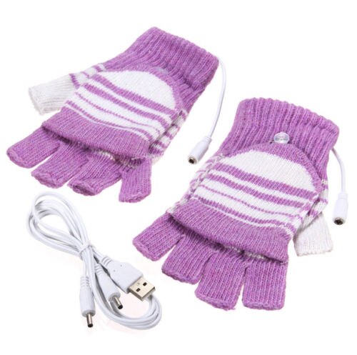 Usb-uppvärmda handskar för vantar för män och kvinnor, usb 2.0- uppvärmning, ränder mönster stickning händer varmare, fingerlös tvättbar: Lila