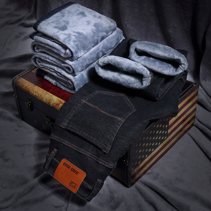 Mænd vinterjeans mænd sort slim fit stretch tykke fløjlsbukser varme jeans afslappede fleecebukser herre plus str.