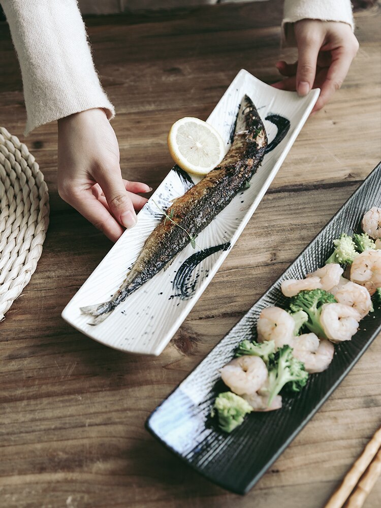 Plato de Sushi rectangular de cerámica, plato de cocina japonesa, plato para pastelería, plato largo pintado a mano, plato de sashimi saury
