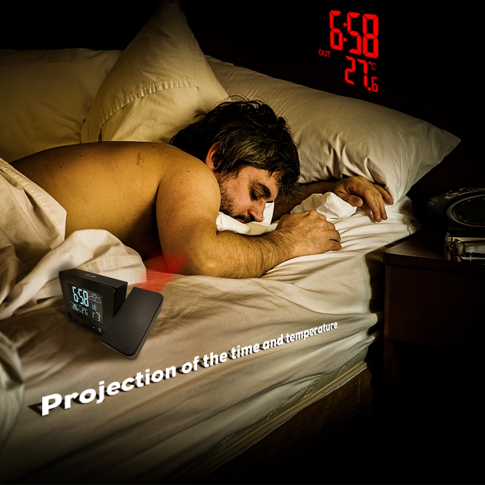 LCD projekcja cyfrowa radiobudzik-sterowanie z bezprzewodowa stacja pogodowa zegar projekcyjny dane podwójna funkcja drzemki alarmu