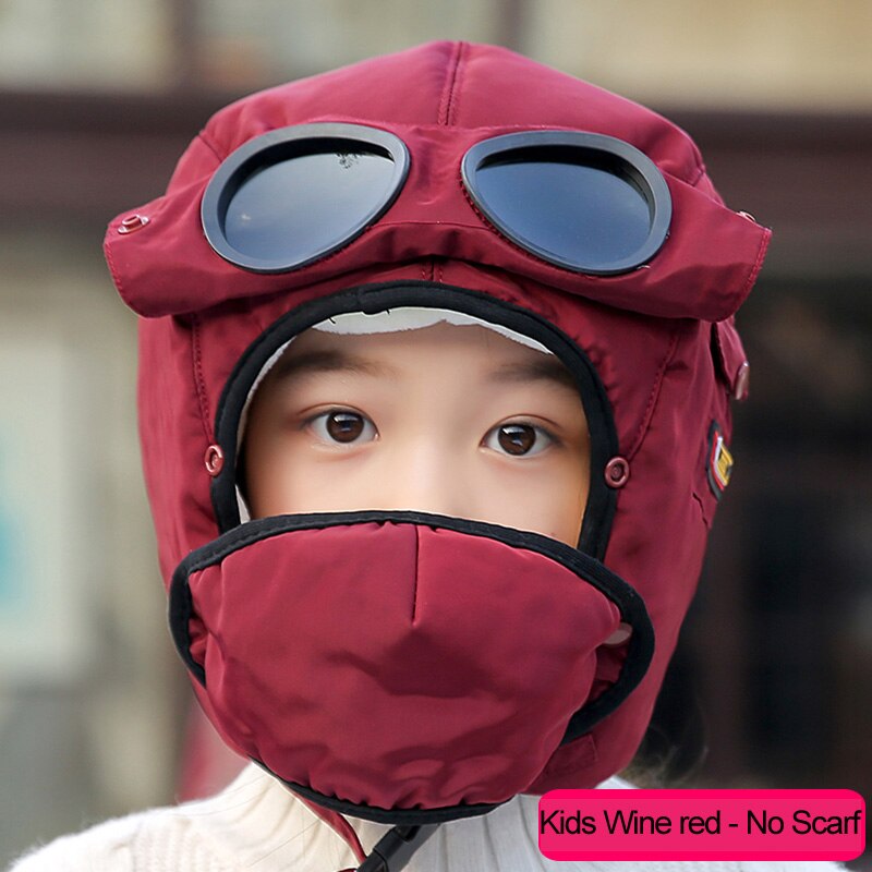 Warm Winter Wind Stopper Face Hats Outdoor Ski Masks Bike Cyling Beanies waterproof hood hat with glasses cool balaclava: Kids Wine red