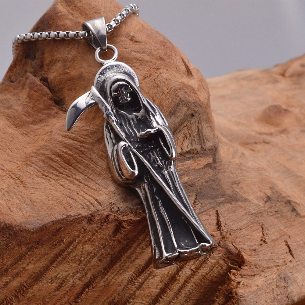 Silver color Stainless Steel Holy Saint Death Santa Muerte Skull Biker Pendant